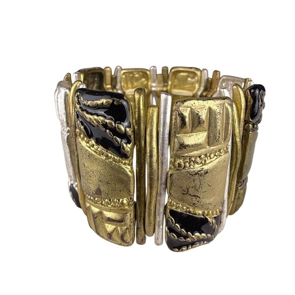 Chicos Womens Gold Tone & Black Statement Stretch Bracelet Unique Modern Design - Picture 2 of 5